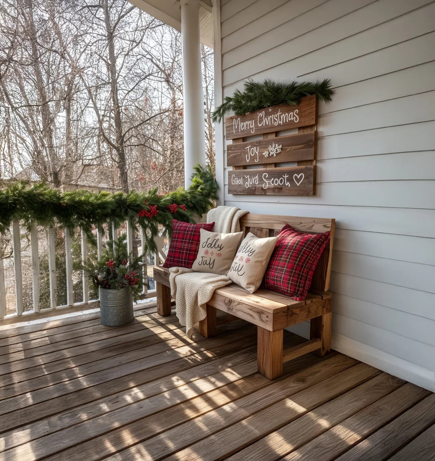 Cozy wooden porch bench with Christmas pillows, knit blanket, greenery garland, and festive wooden sign