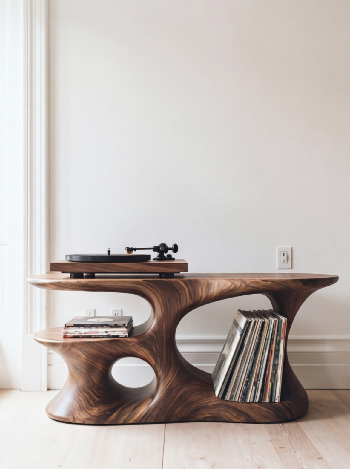 Sculpted solid wood record player console with live edge grains, LP storage, modern design