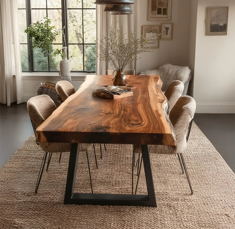 Solid wood live edge dining table with metal legs in a modern dining room setting