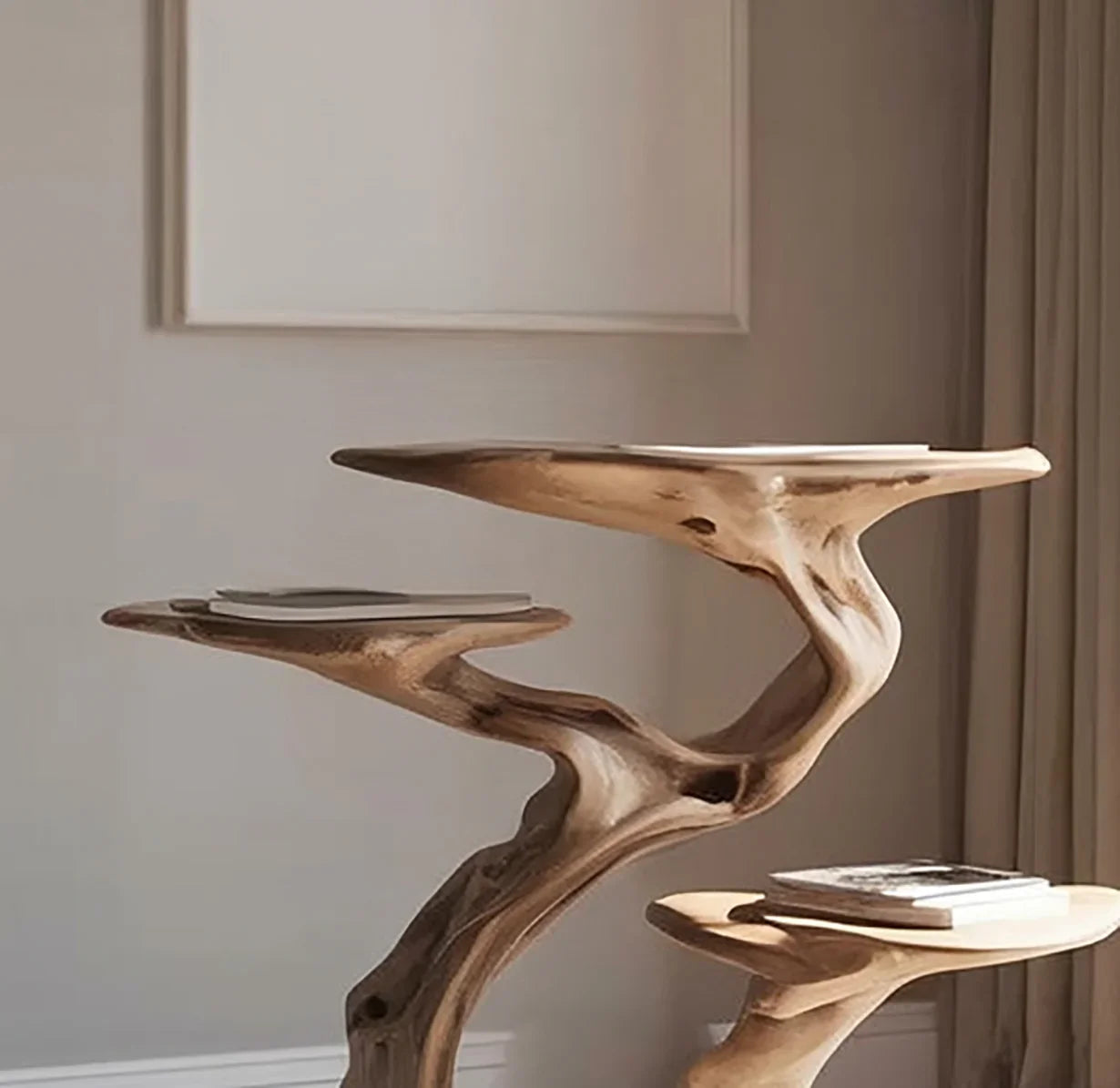 Solid wood tree bookshelf with natural live edge design holding books in a bright room