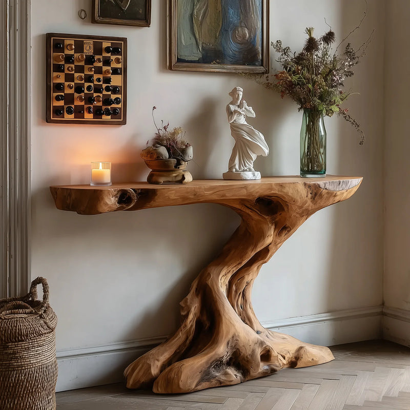 Live edge solid wood console table with sculptural base, decorated with statue, vase, and candle