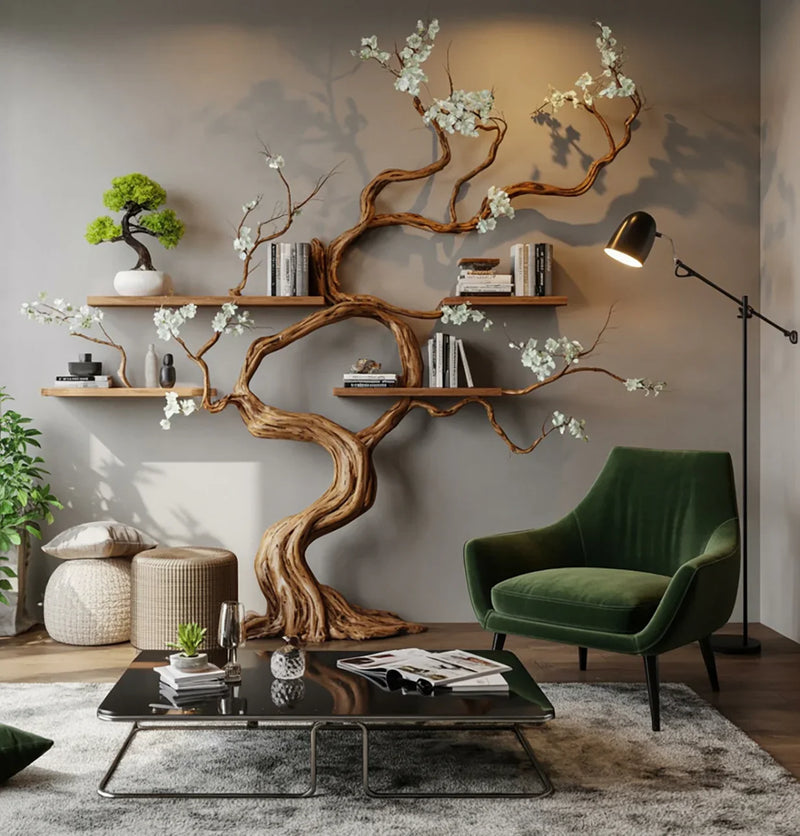 Modern living room with live edge tree bookshelf, green velvet chair, and minimalist decor