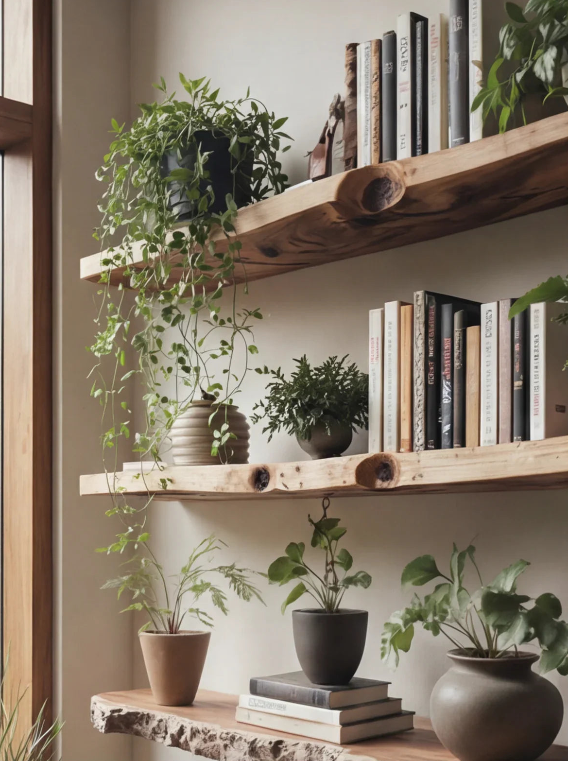 Live edge wooden floating shelves with potted plants and books, modern natural decor