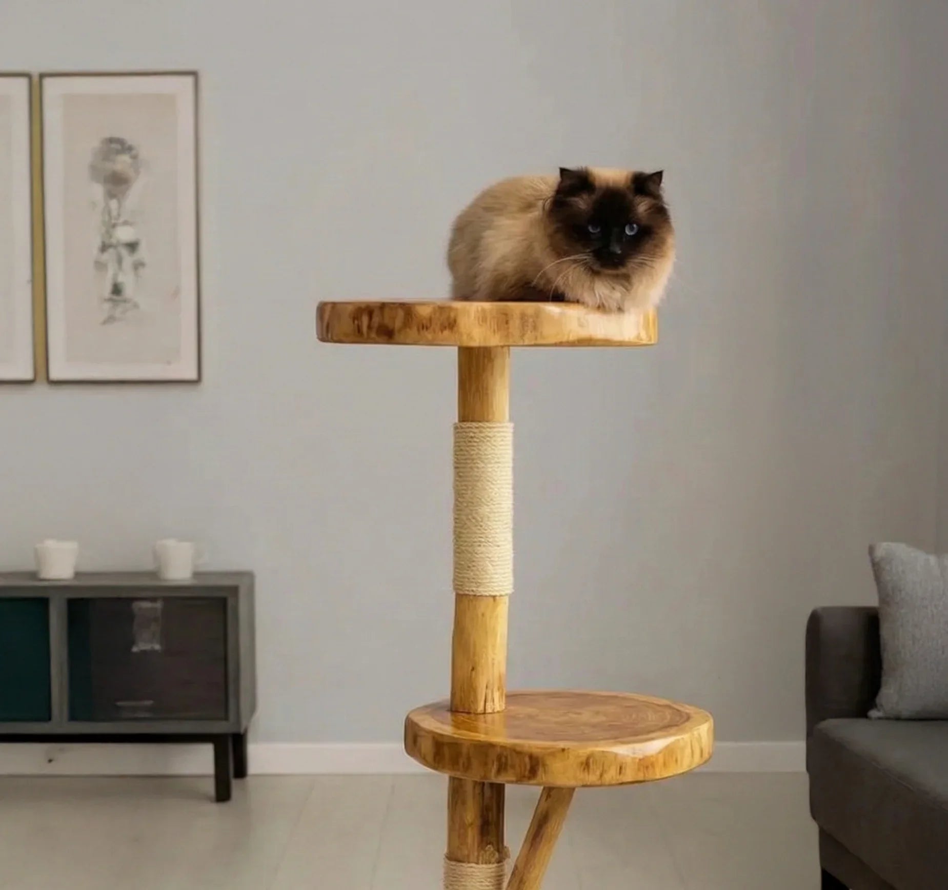 Rustic Wooden Cat Tree – Natural Branch Cat Tower for Indoor Cats