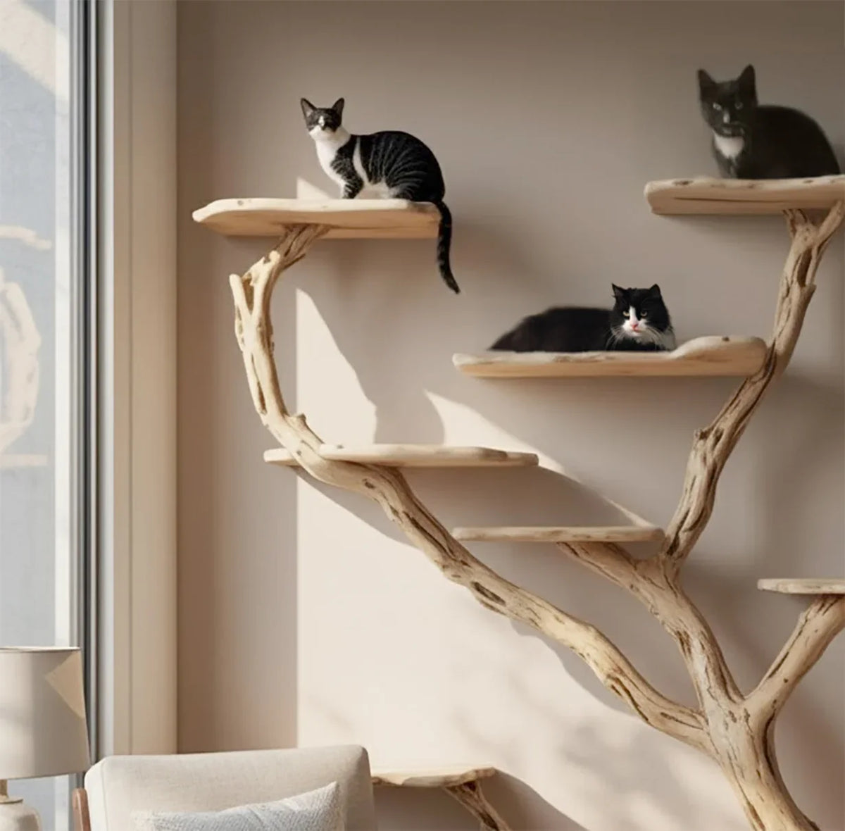 Three black and white cats perched on a natural wood branch-style cat tree near a window
