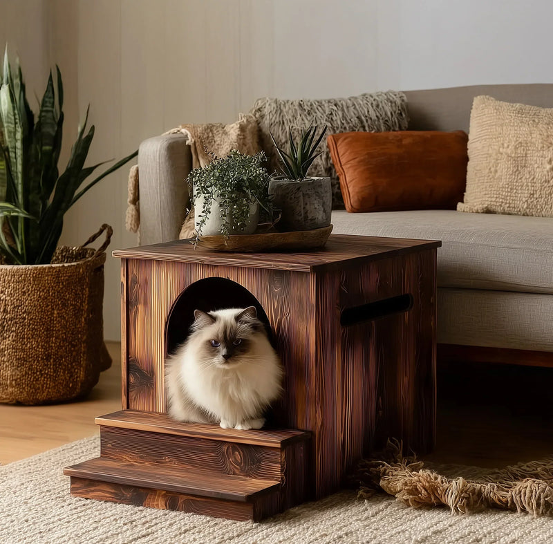 Hidden cat house nightstand crafted from solid wood