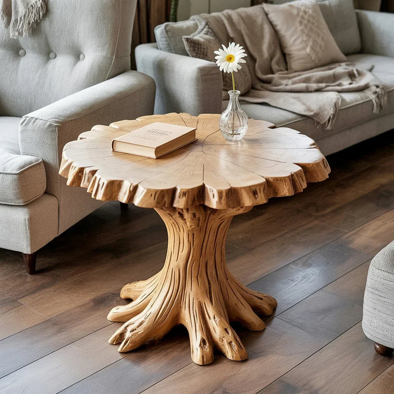 Live edge wood coffee table with tree trunk base in a cozy living room setting