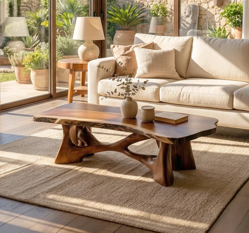 rustic live edge wood slab coffee table in living room with natural wood grain texture