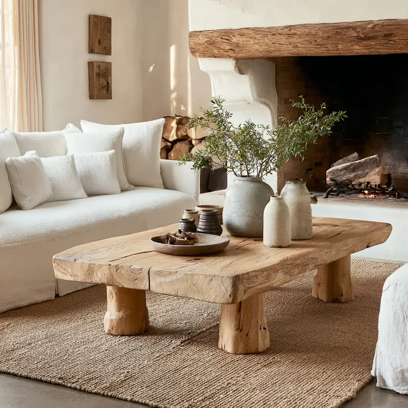 farmhouse style wood coffee table with rustic decor