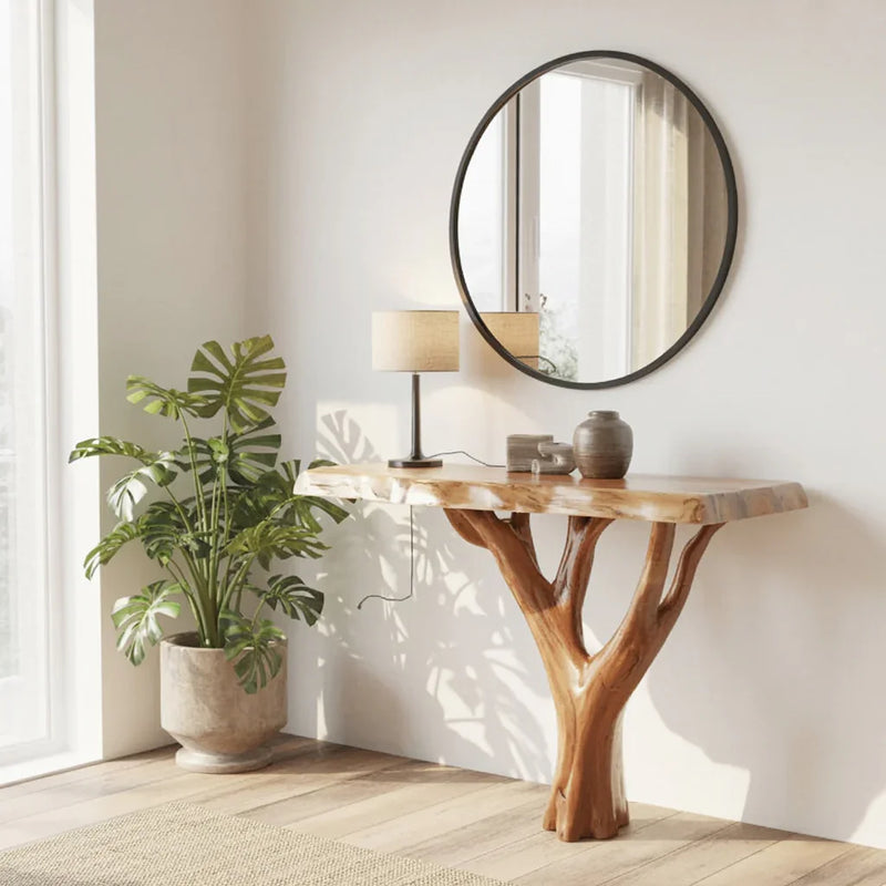 rustic console table styling with natural decor and mirror