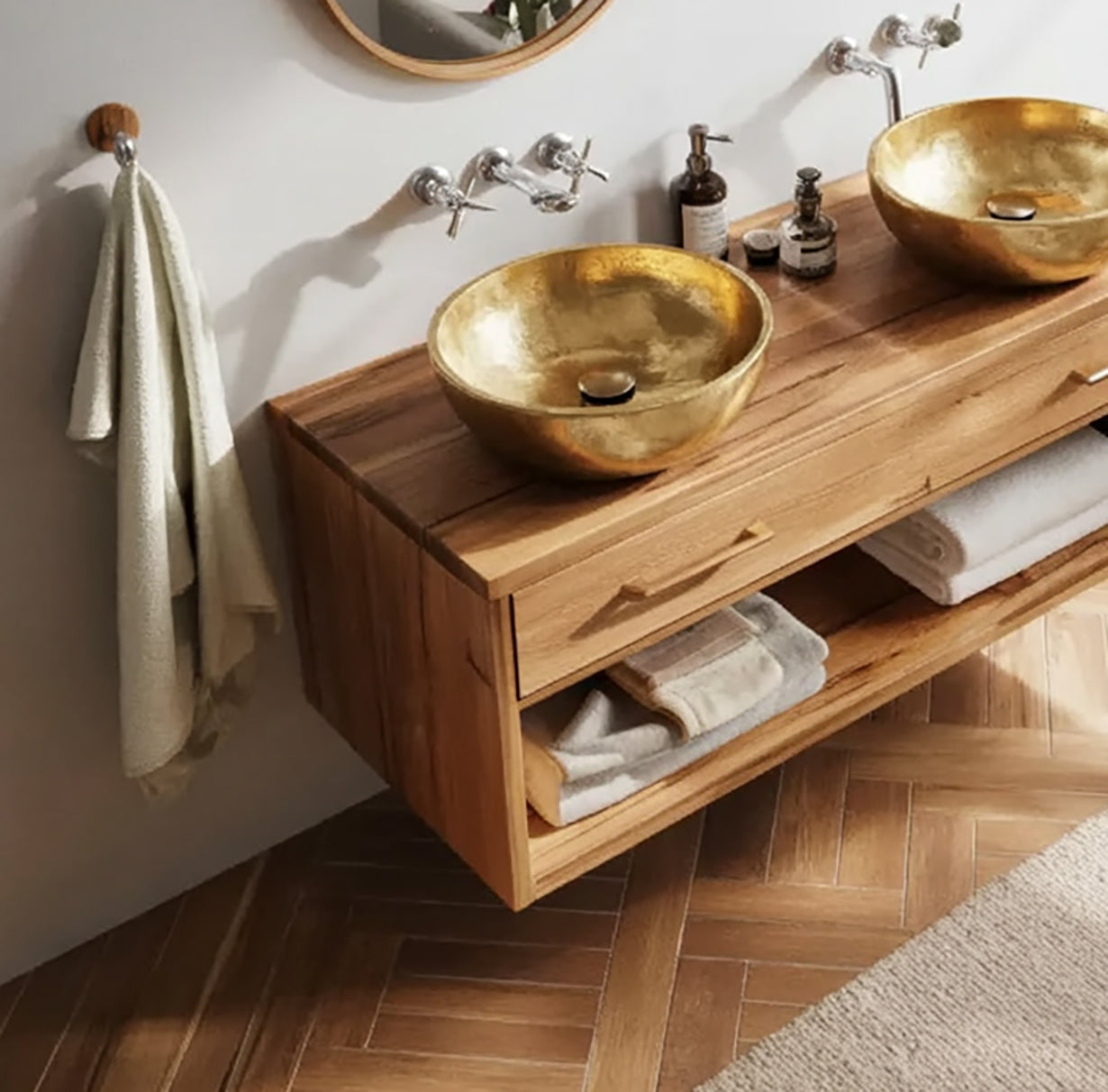 Solid wood vanity with gold vessel sinks, open shelf and towels in modern bathroom