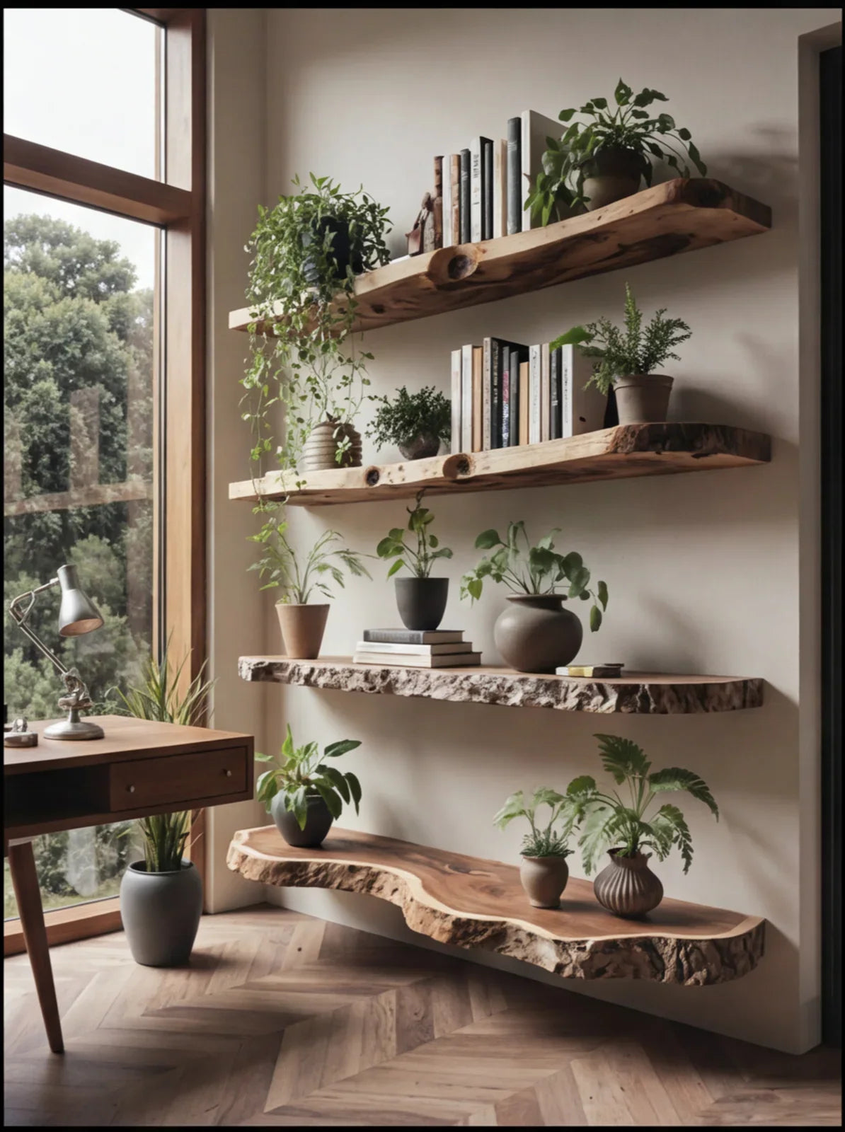 Solid wood live edge floating shelves with potted plants and books in a modern home office