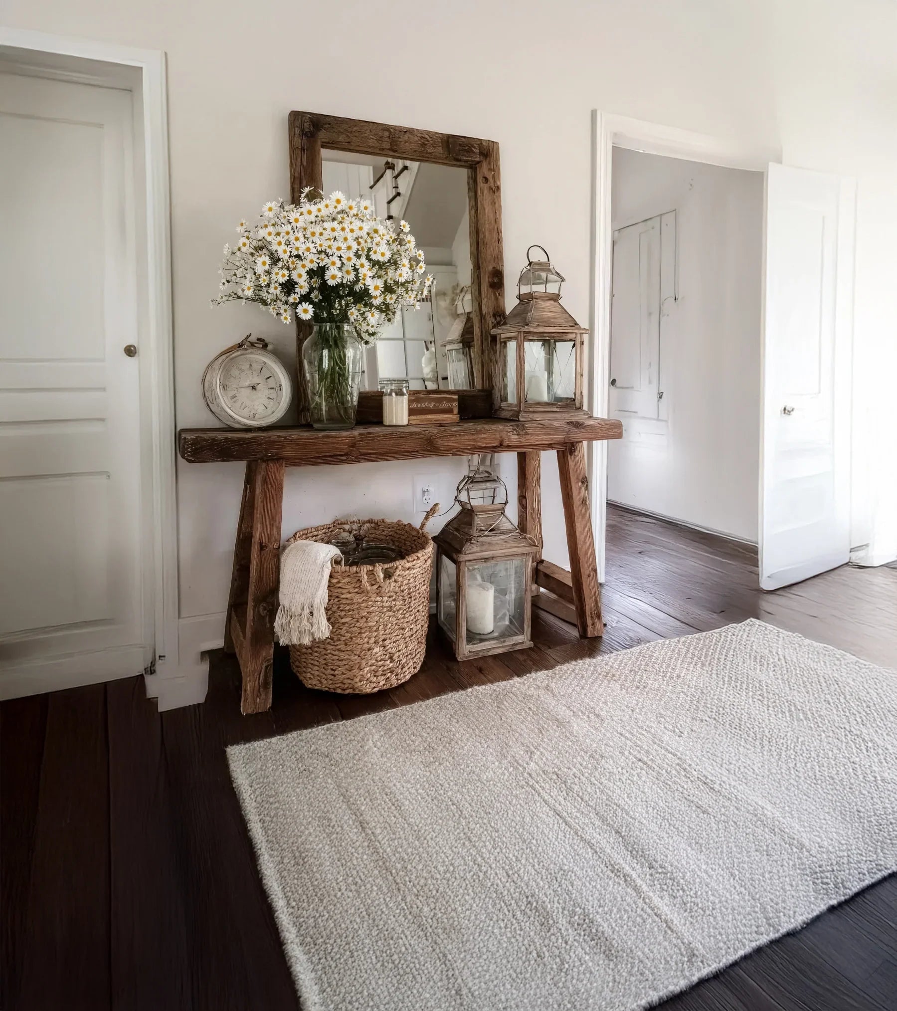 Rustic wooden console table with daisies, vintage clock, lanterns, basket, and large mirror in cozy hallway