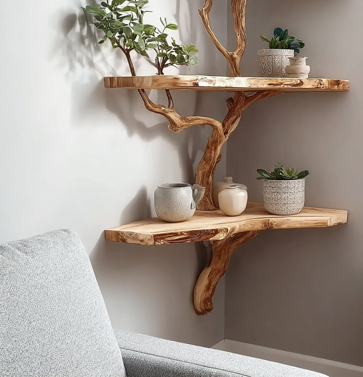 Rustic corner wall shelves with natural wood grain design holding potted plants and ceramic decor