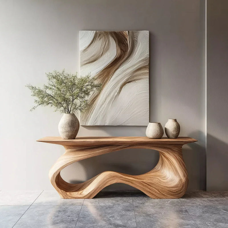 Modern wooden console table with sculptural wavy design holding ceramic vases and abstract wall art