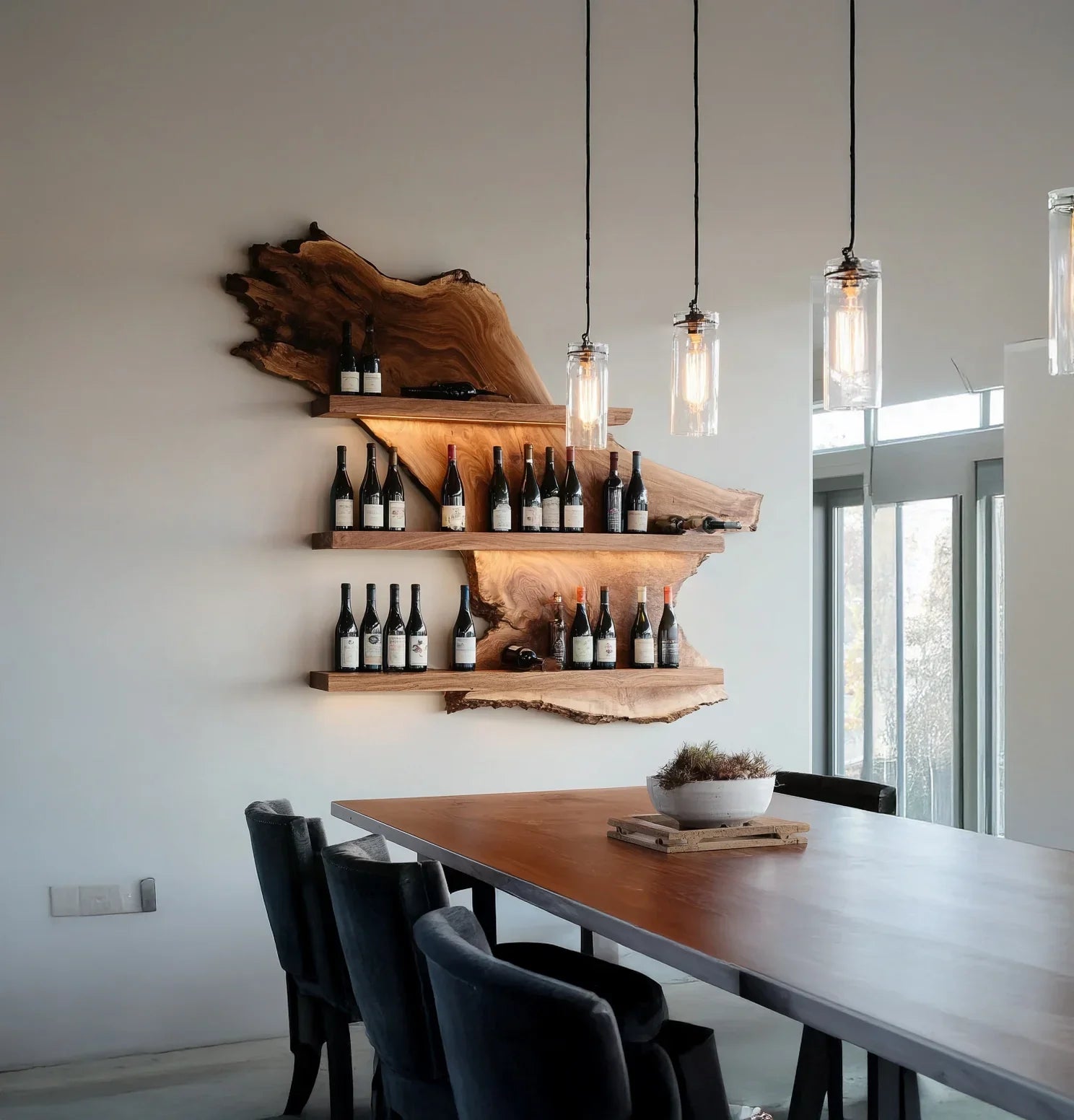 Modern dining room with wooden table, black chairs, hanging glass pendant lights, and live edge wood wine shelves