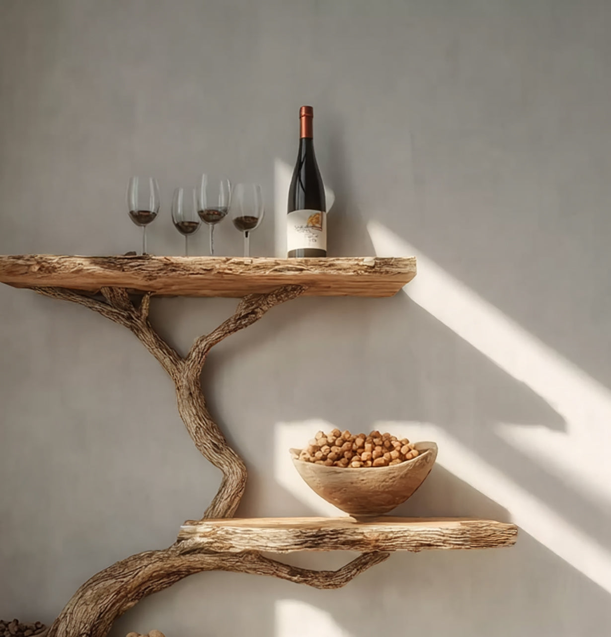 Rustic wooden shelf with wine bottle, four wine glasses, and bowl of nuts bathed in natural light