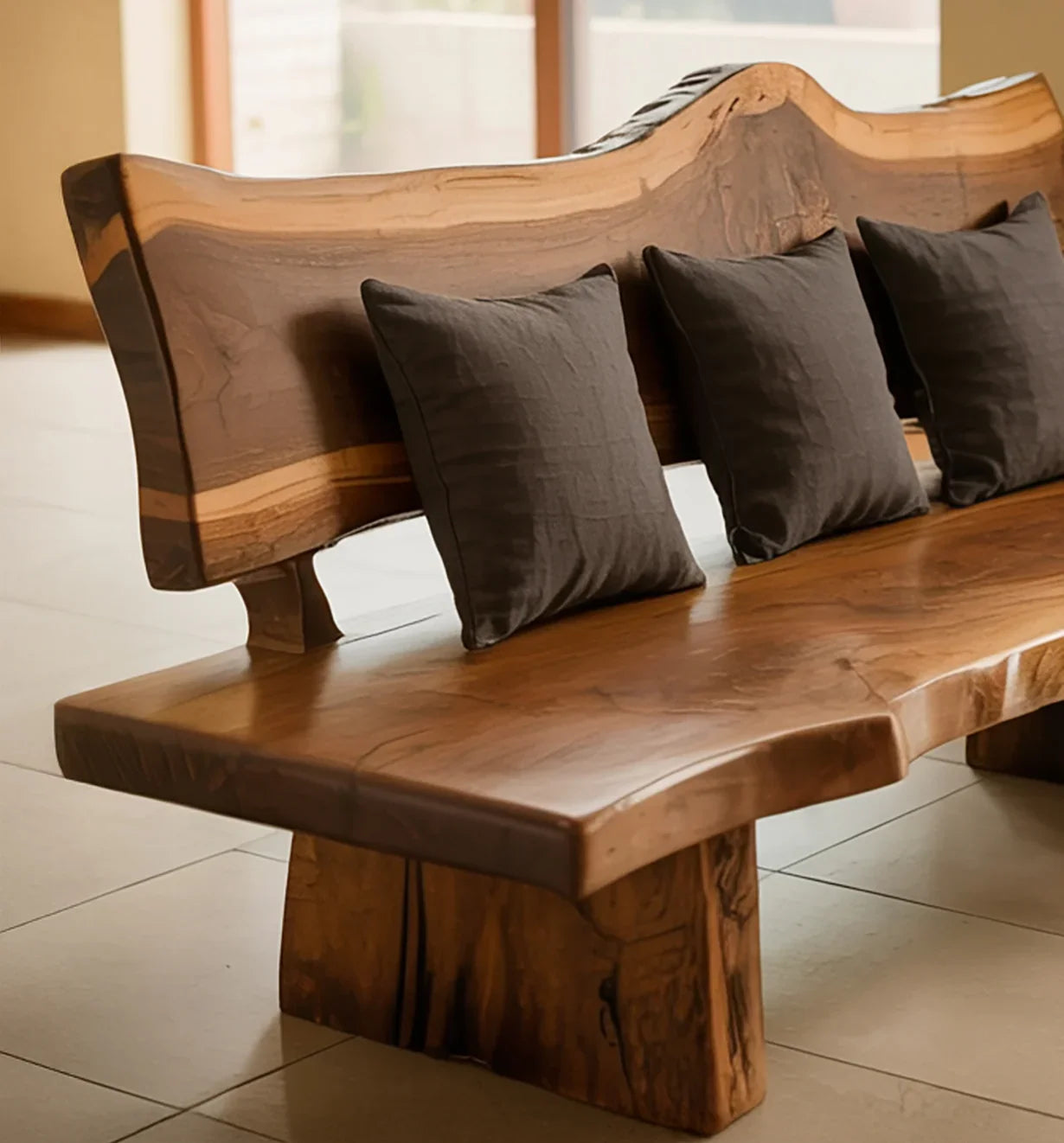 Live edge solid wood bench with natural grain and four dark throw pillows in a modern room