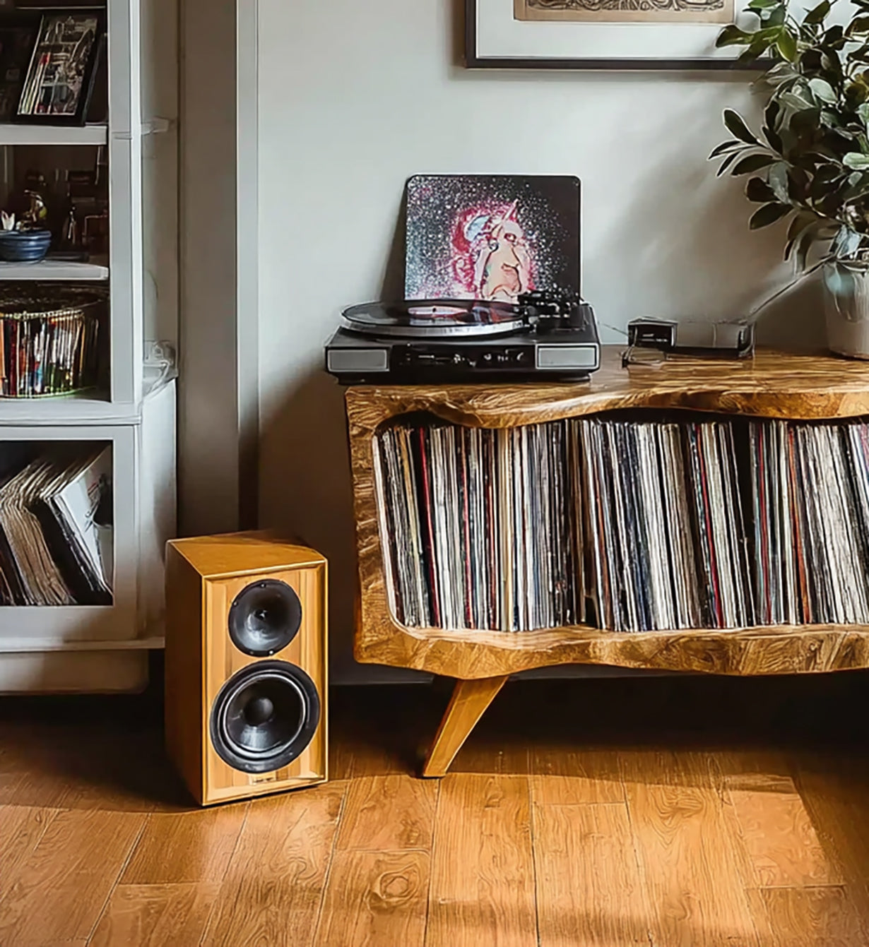 Wooden record player cabinet with vinyl records, turntable, and speaker on hardwood floor