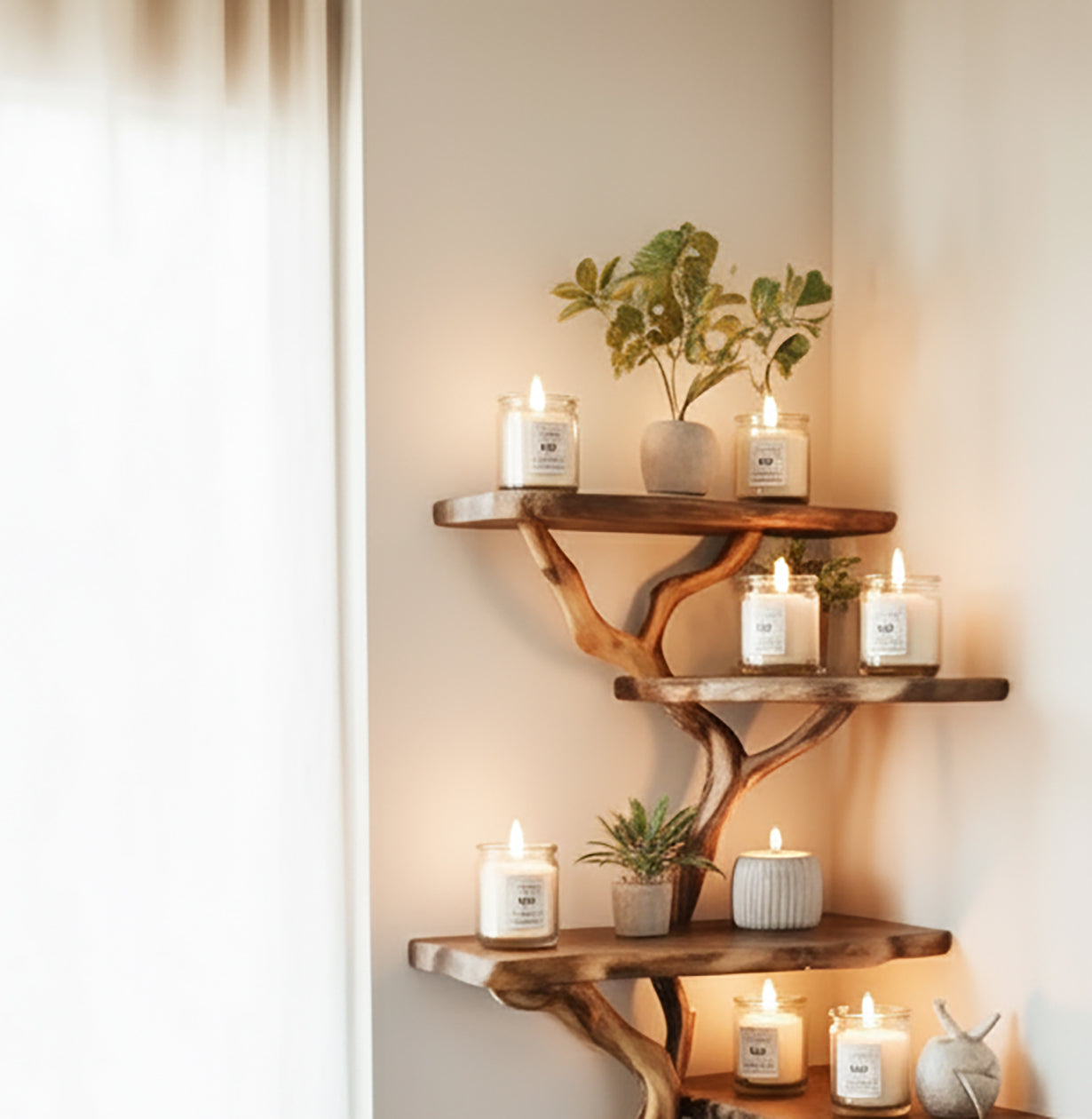 Rustic wooden corner shelf with lit candles and small potted plants in cozy room