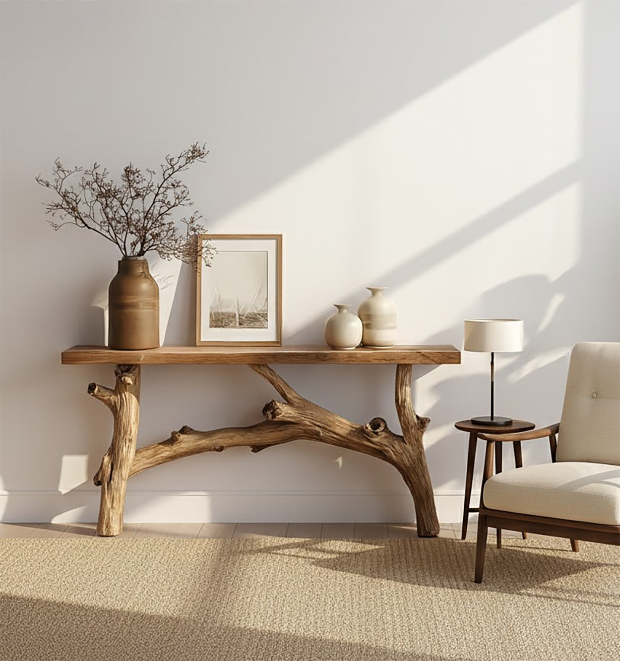 Rustic wooden console table with branch-style legs, decorative vases, framed art, small lamp, and beige armchair