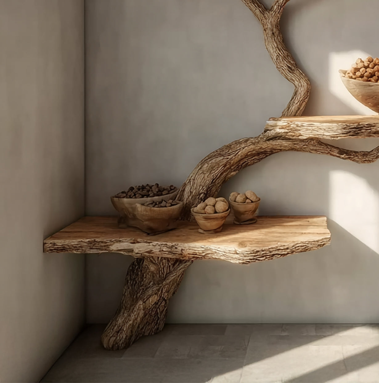 Rustic wooden shelf with natural tree branch design holding wooden bowls filled with nuts