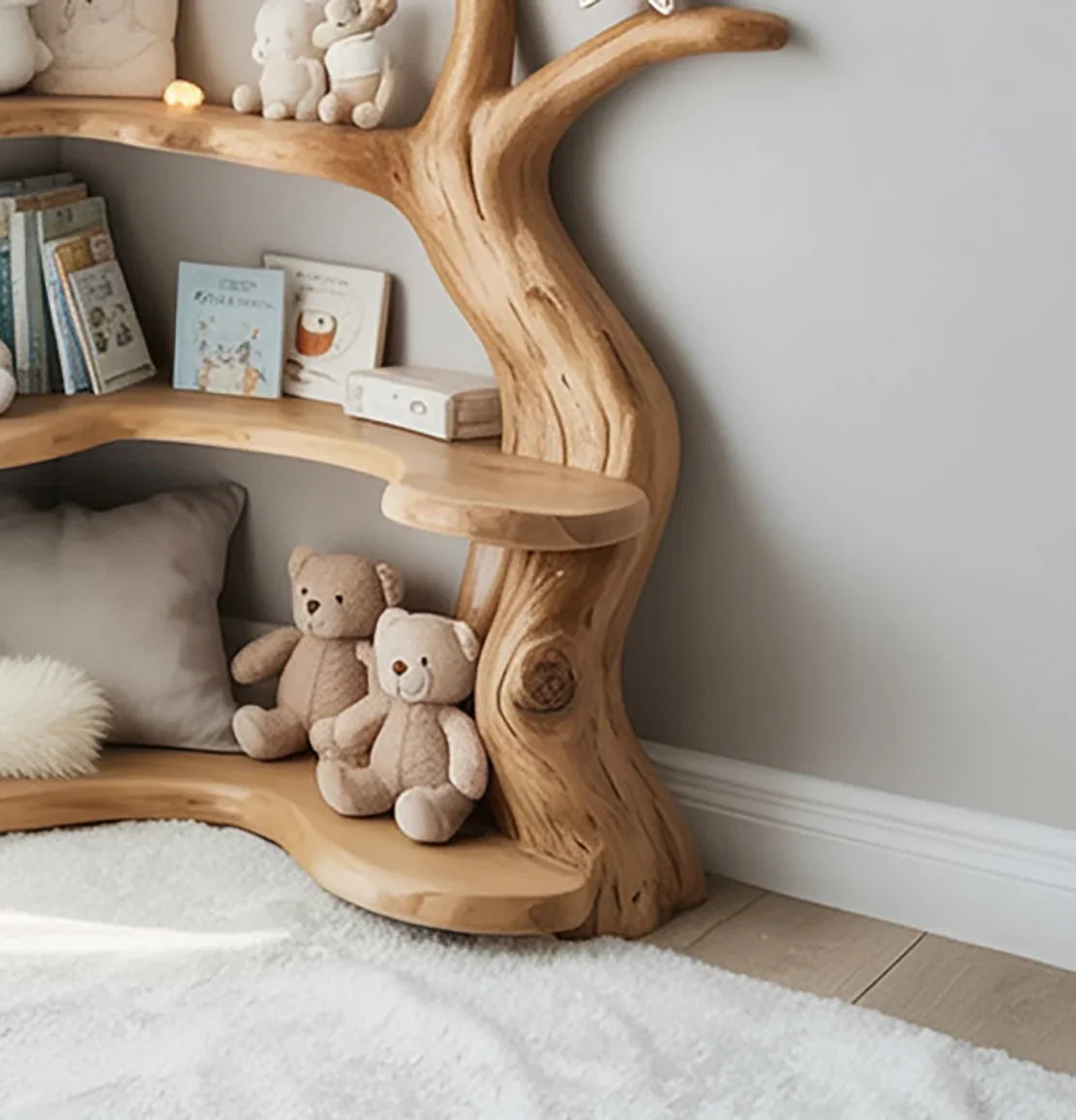 Wooden tree-shaped bookshelf with plush teddy bears, children's books, and cozy cushions