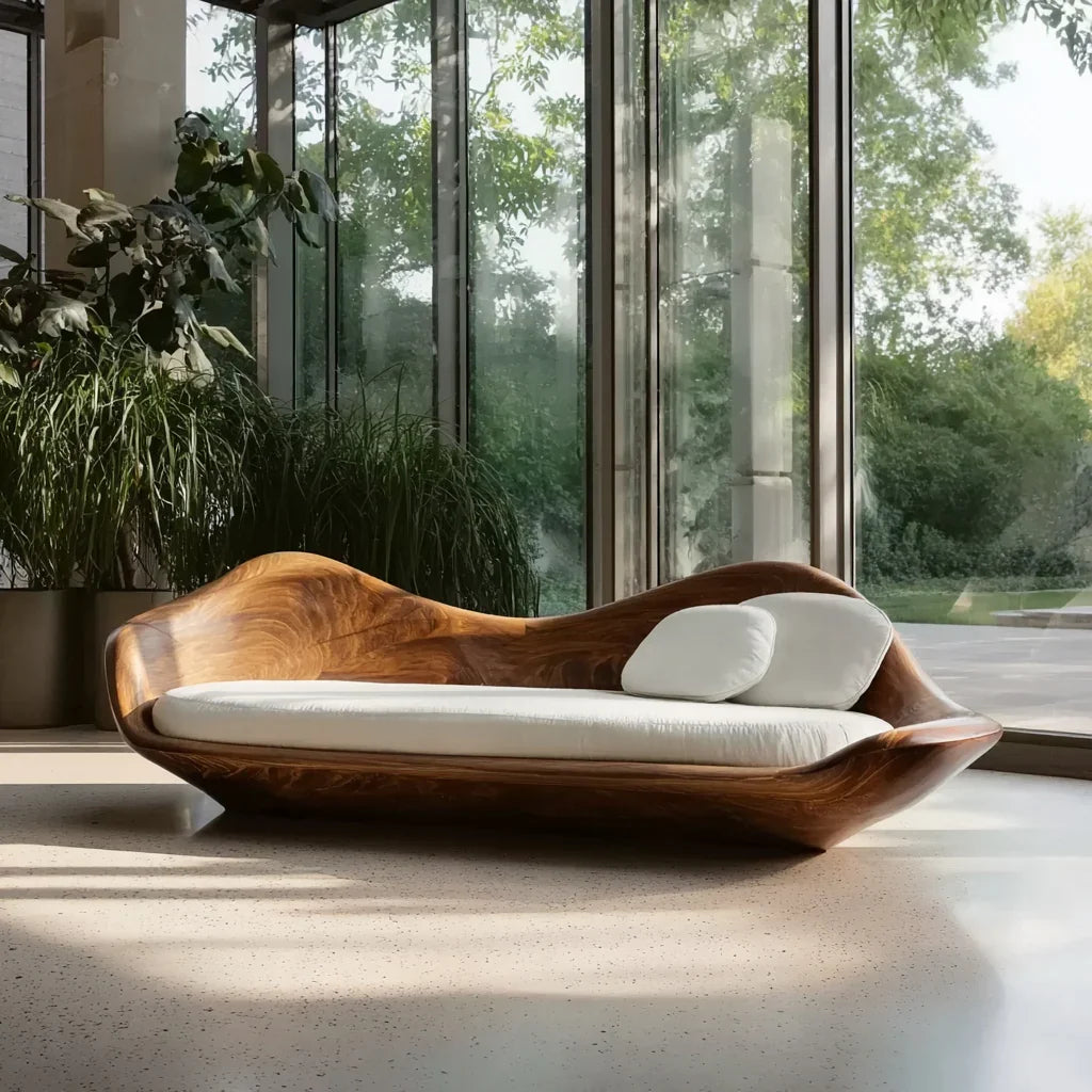 Modern wooden lounge sofa with white cushions by large floor-to-ceiling windows in bright room