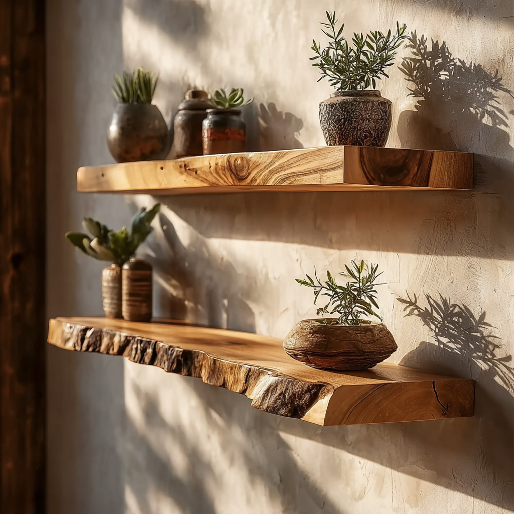 Rustic wooden floating shelves with potted plants and natural sunlight casting shadows on textured wall