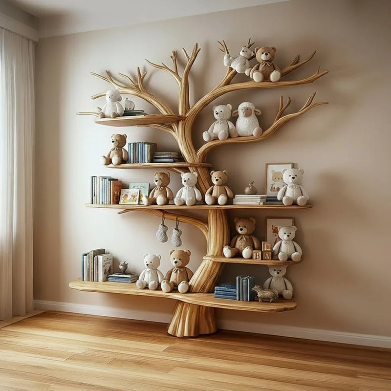 Tree-shaped wooden bookshelf with teddy bears and children's books in a cozy room