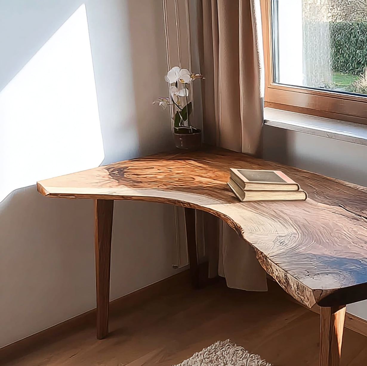 Live edge wooden desk by window with books and white orchid in minimalist room