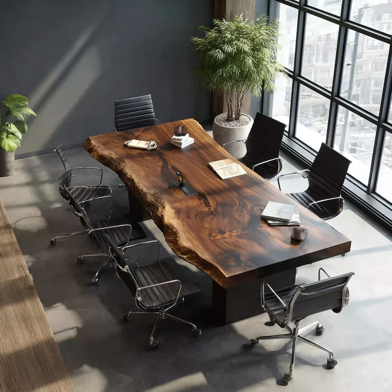 Live edge solid wood conference table with modern black chairs in a bright office setting