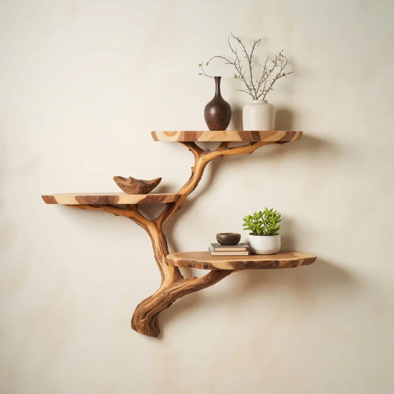Live edge tree branch wall shelves with potted plant, books, and minimalist decor