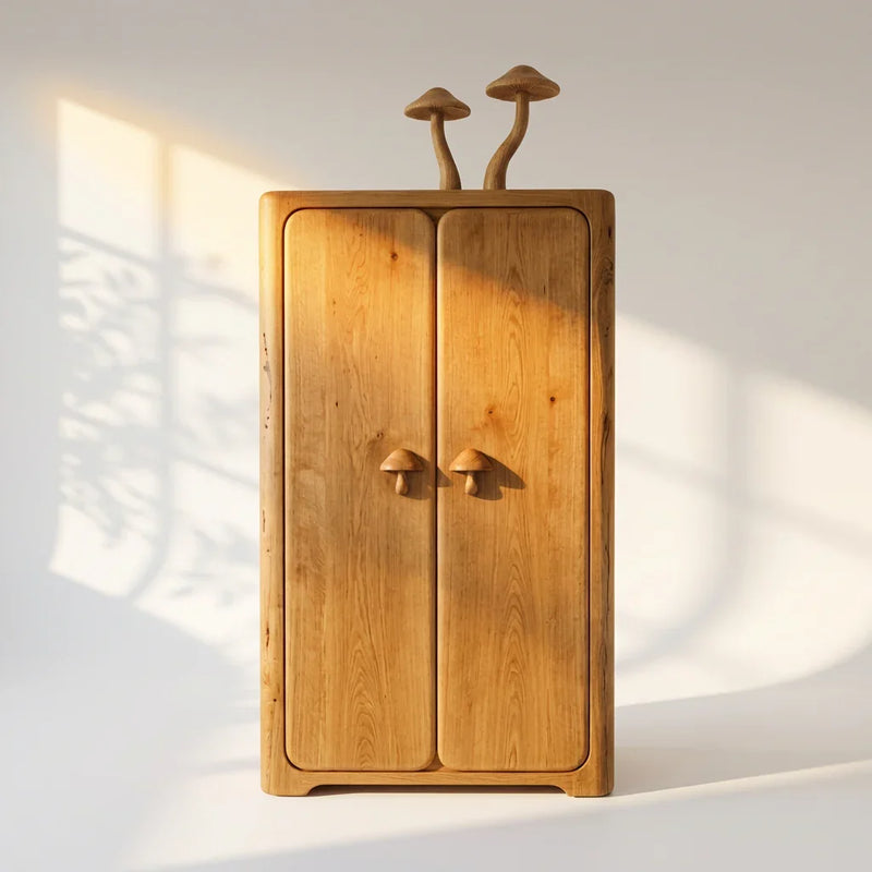 Mushroom Tall Cabinet with Carved Mushroom Top Sculpture and Mushroom Door Handles, Handcrafted Solid Wood Armoire, Minimalist Storage Wardrobe for Bedroom and Living Room - Ashdeco 2026