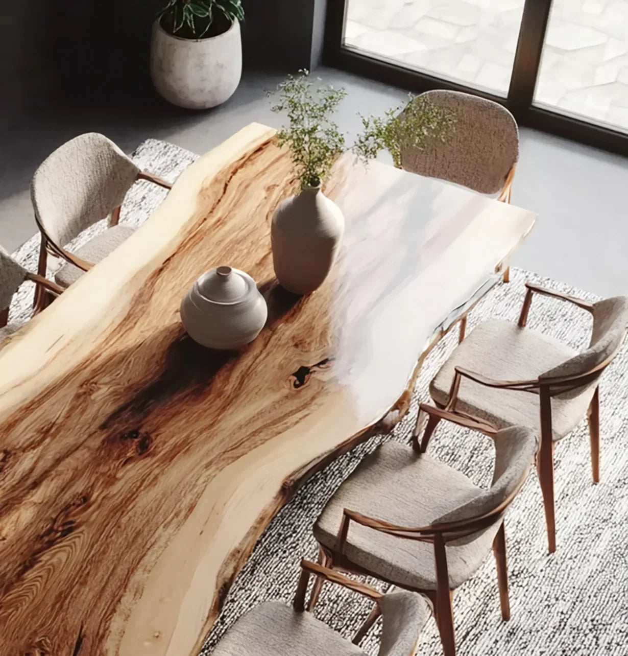 Live edge wooden dining table with ceramic vases and upholstered chairs in modern dining room