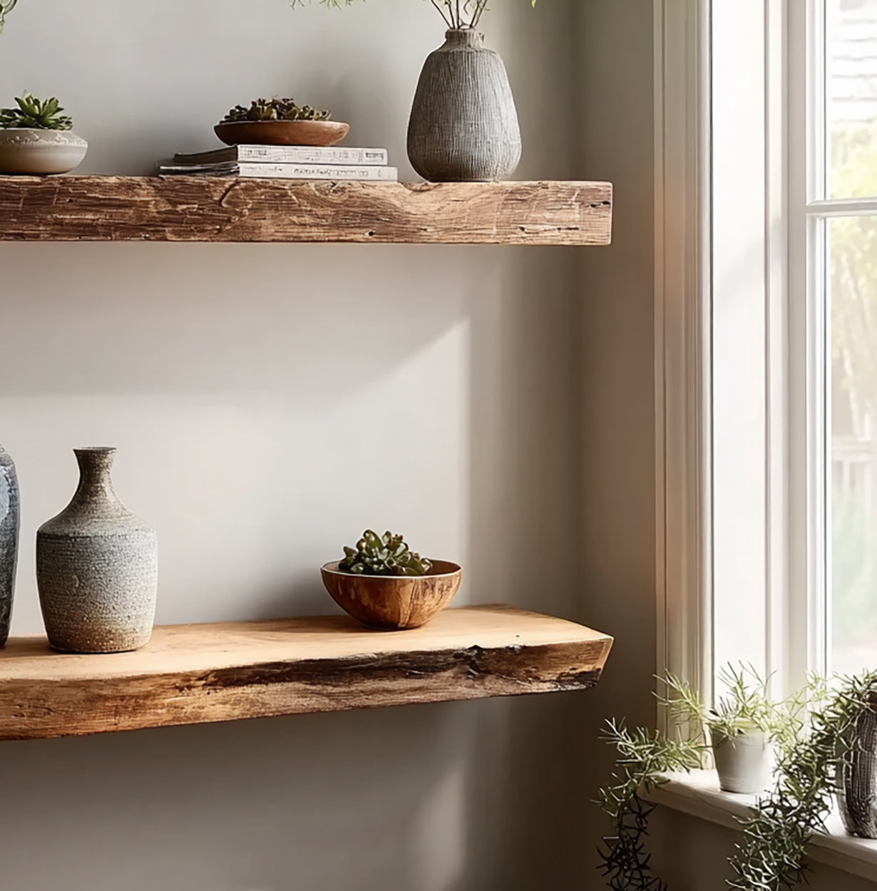 Solid wood live edge floating shelves with ceramic vases, books, and potted plants by a window