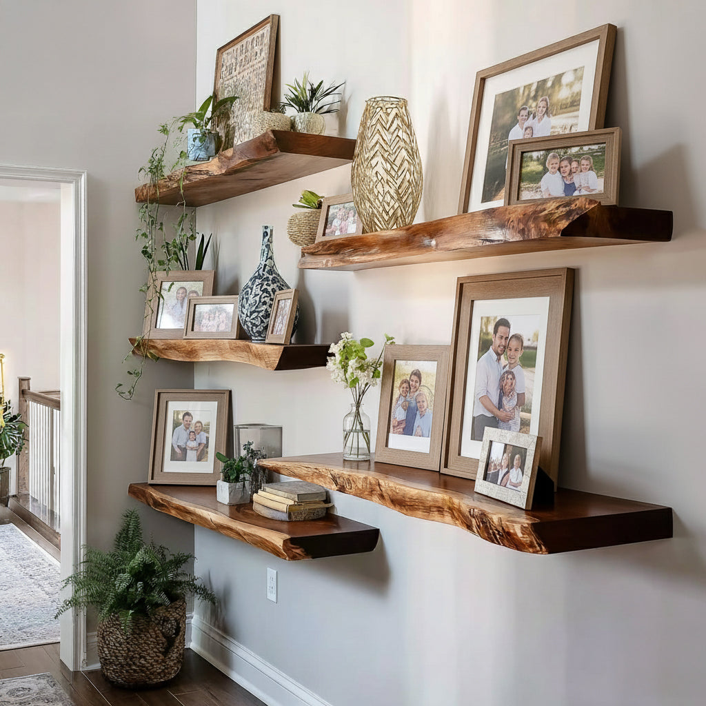 Floating live edge wood shelves displaying family photo frames, decorative vases, and green plants in a bright hallway