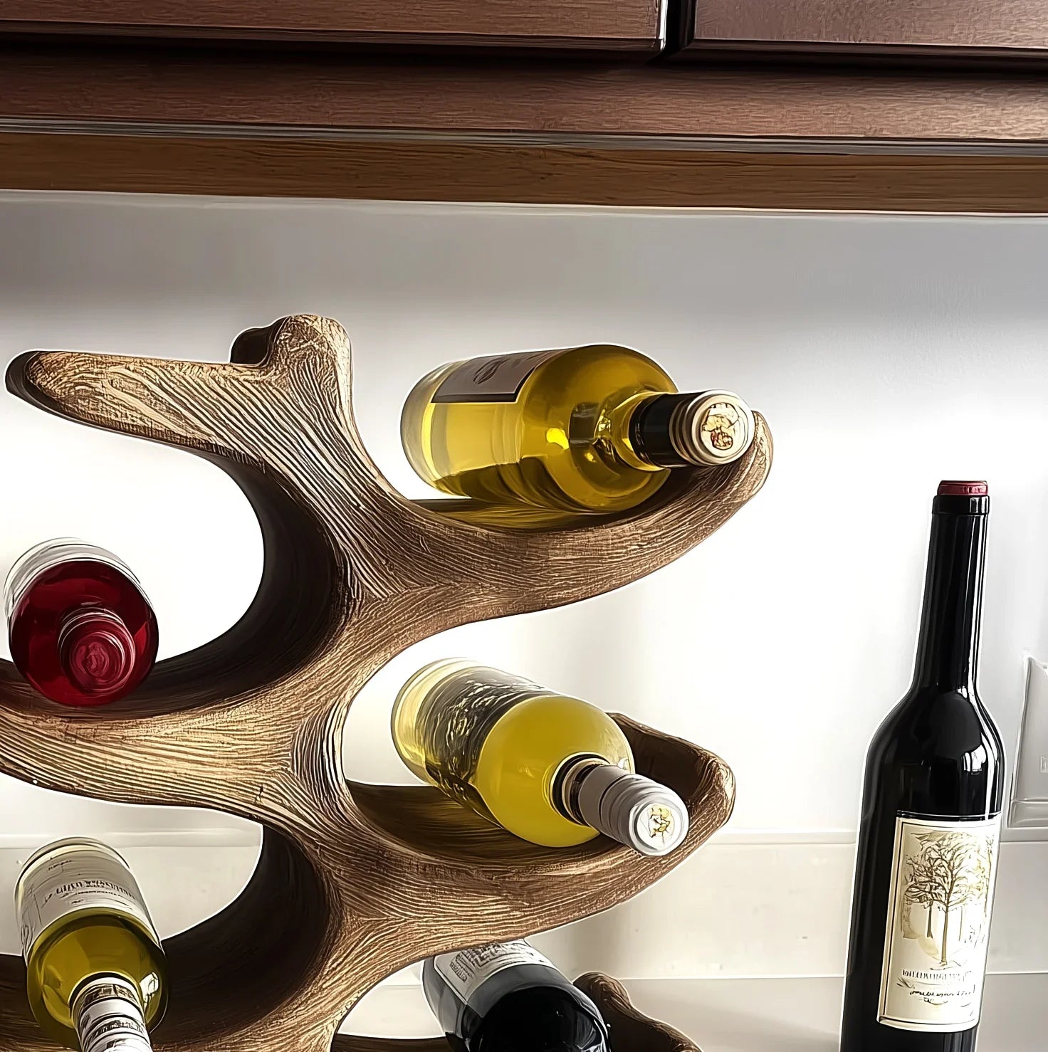 Sculpted solid wood wine rack holding assorted bottles under kitchen cabinets