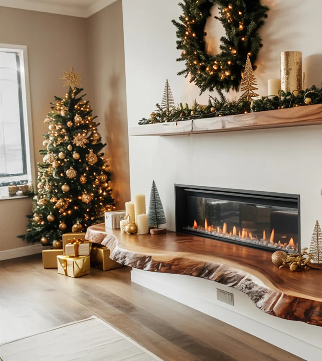 Modern living room with decorated Christmas tree, wooden mantel, lit fireplace, and gold holiday decor