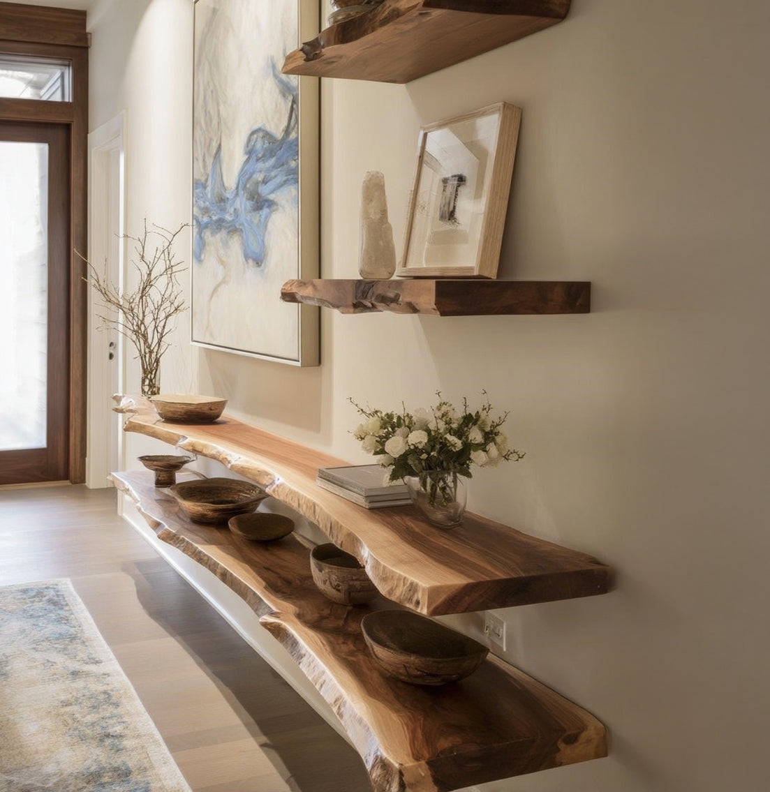 Interior hallway with live edge wood floating shelves decorated with wooden bowls, vase, flowers, and abstract painting