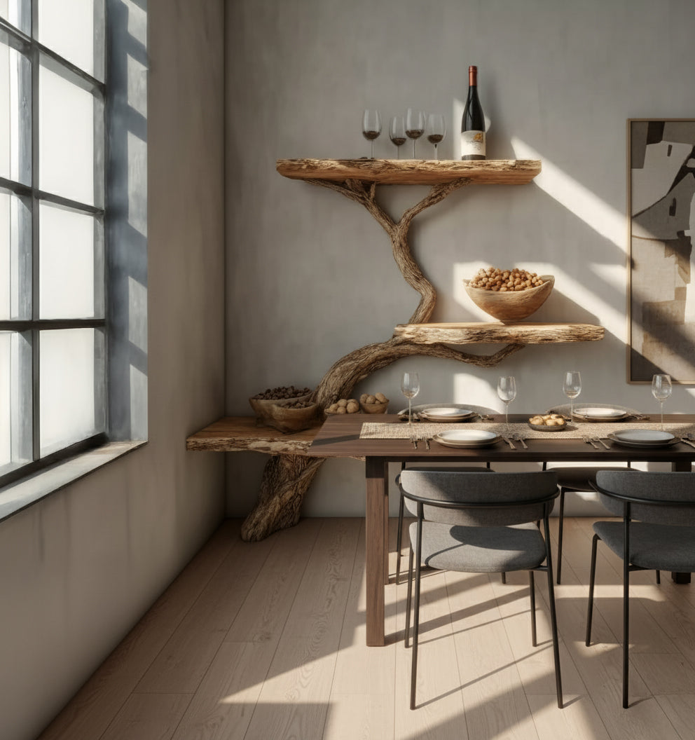 Minimalist dining room with natural wood shelves shaped like tree branches holding wine and nuts