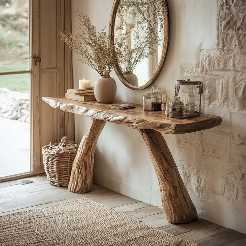 Live edge solid wood console table with rustic decor in a cozy entryway setting.