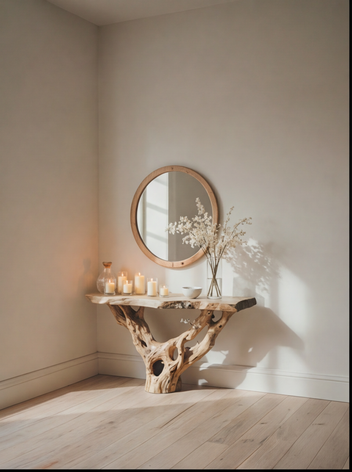 Sustainably crafted live edge wood console table with candles, vase, and round mirror in a minimalist room.