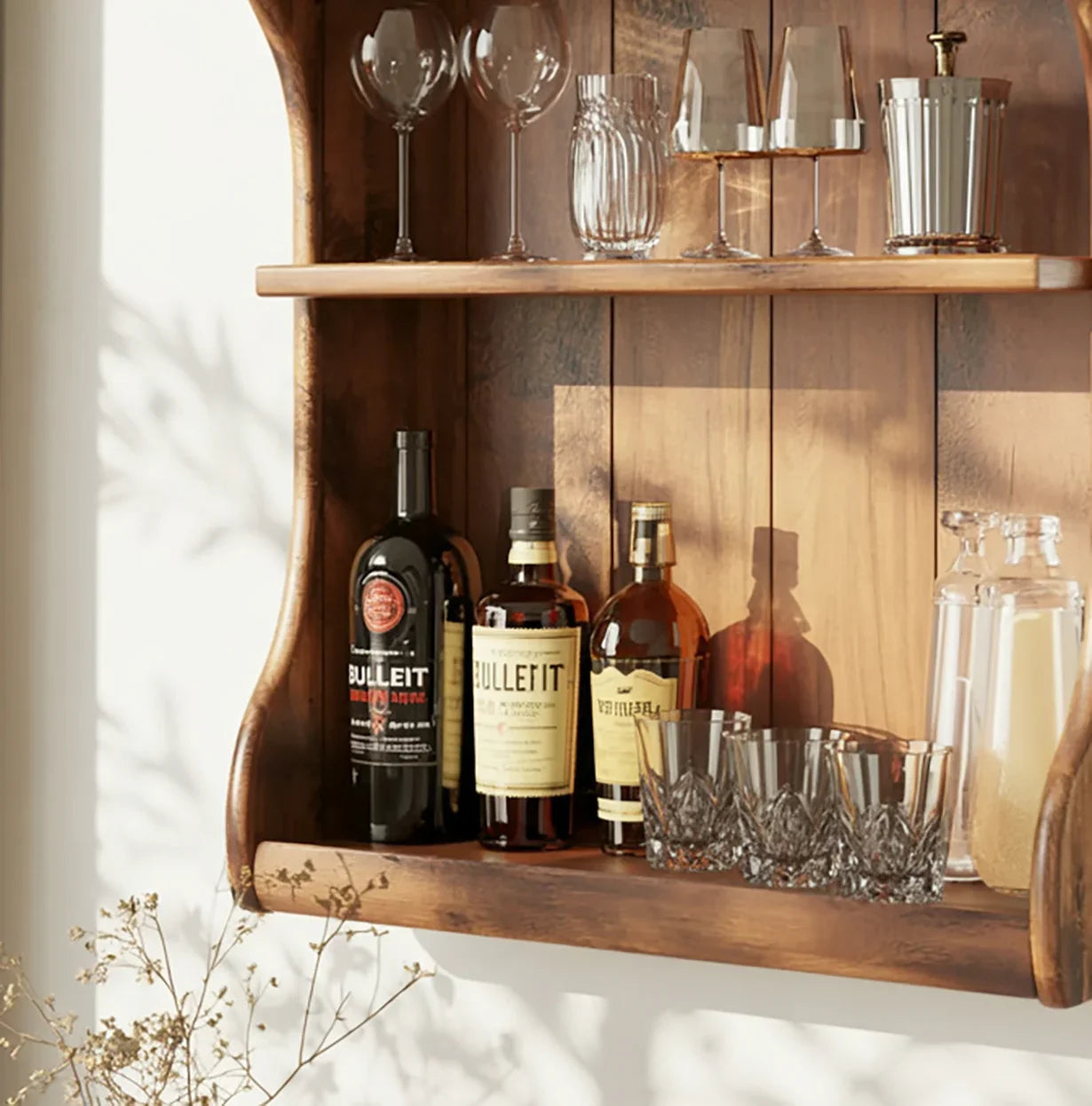 Solid wood floating shelf with liquor bottles, glassware, and sunlight, modern home bar decor