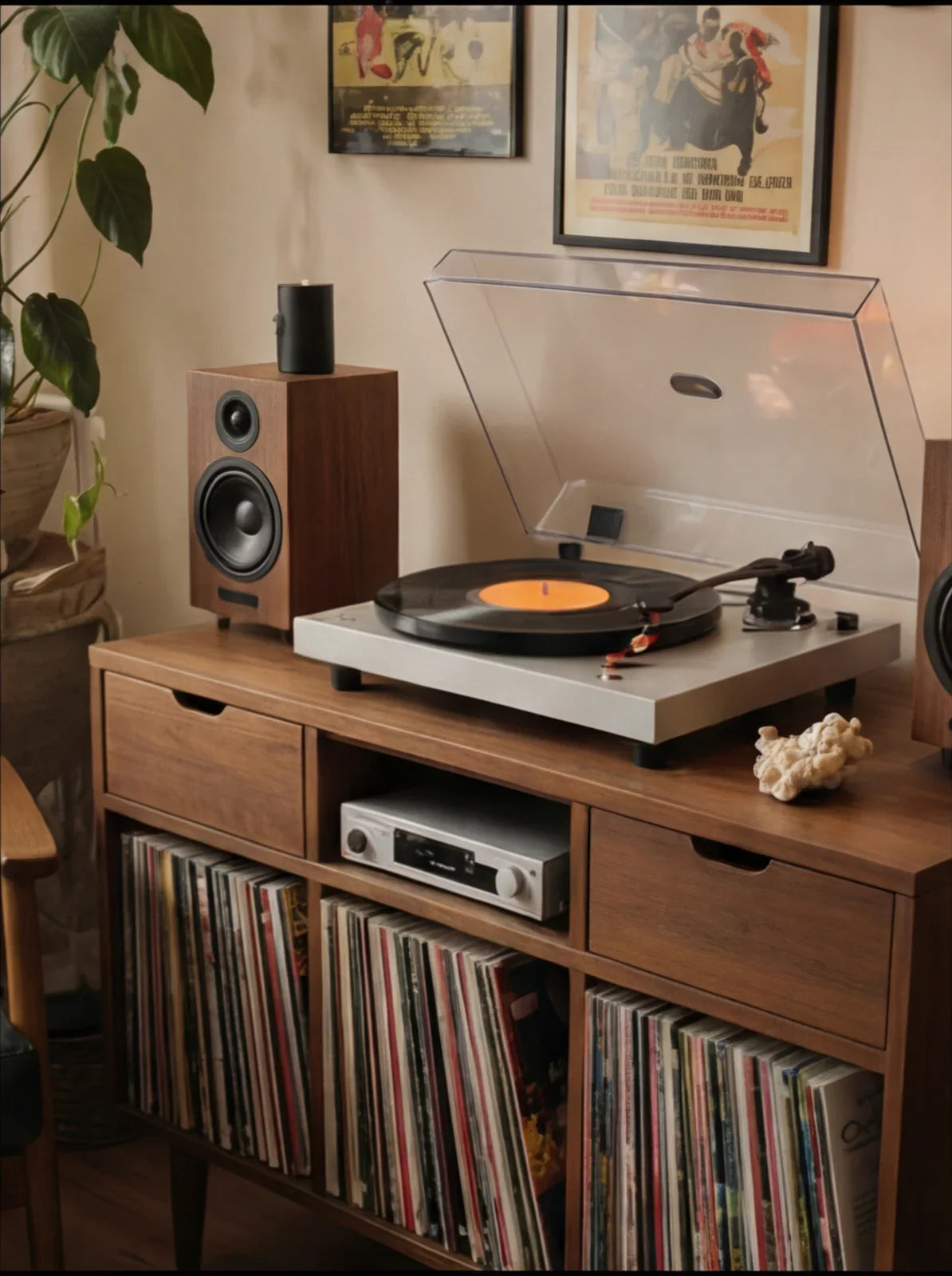 Mid-century solid wood record console with vinyl storage, turntable, and stereo speakers