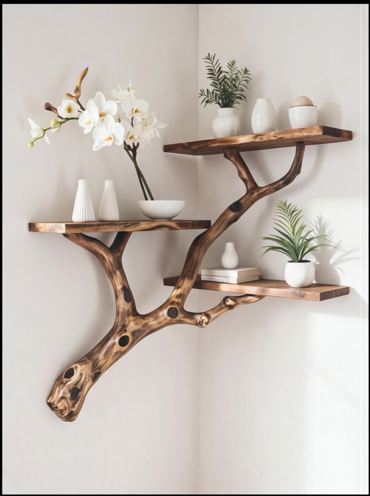 Floating Corner Tree Bookshelf – Rustic Driftwood Branch Wall-Mounted Shelf