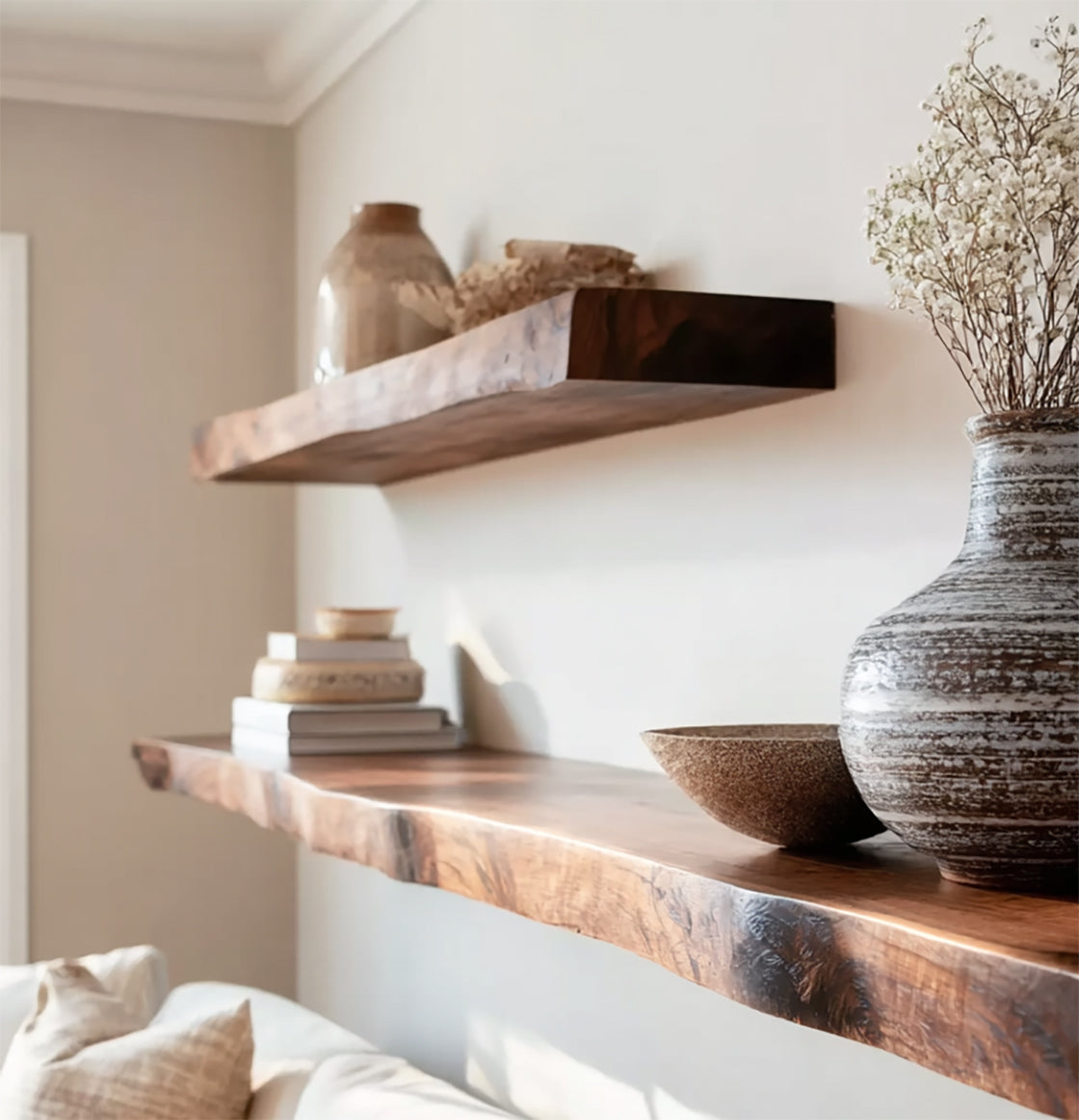Solid wood live edge floating shelves with decorative vases and books in a modern living room