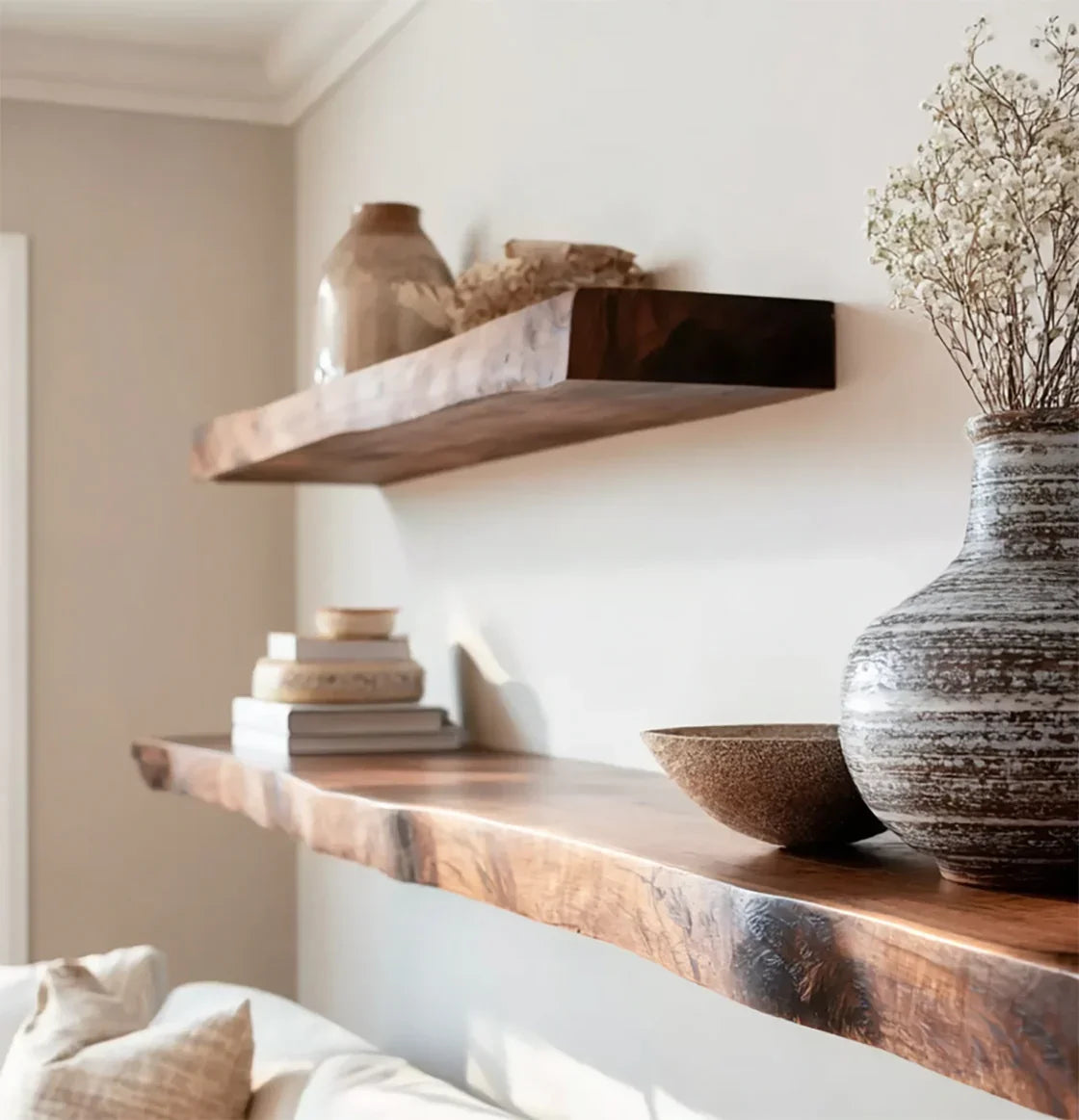 Solid wood live edge floating shelves with decorative vases and books in a modern living room