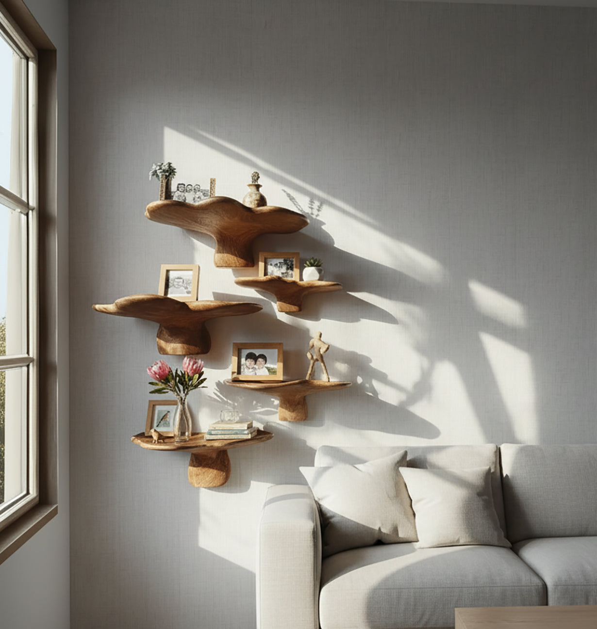 Organic-shaped wooden wall shelves with photos, vases, flowers, and decor above a gray sofa in natural light