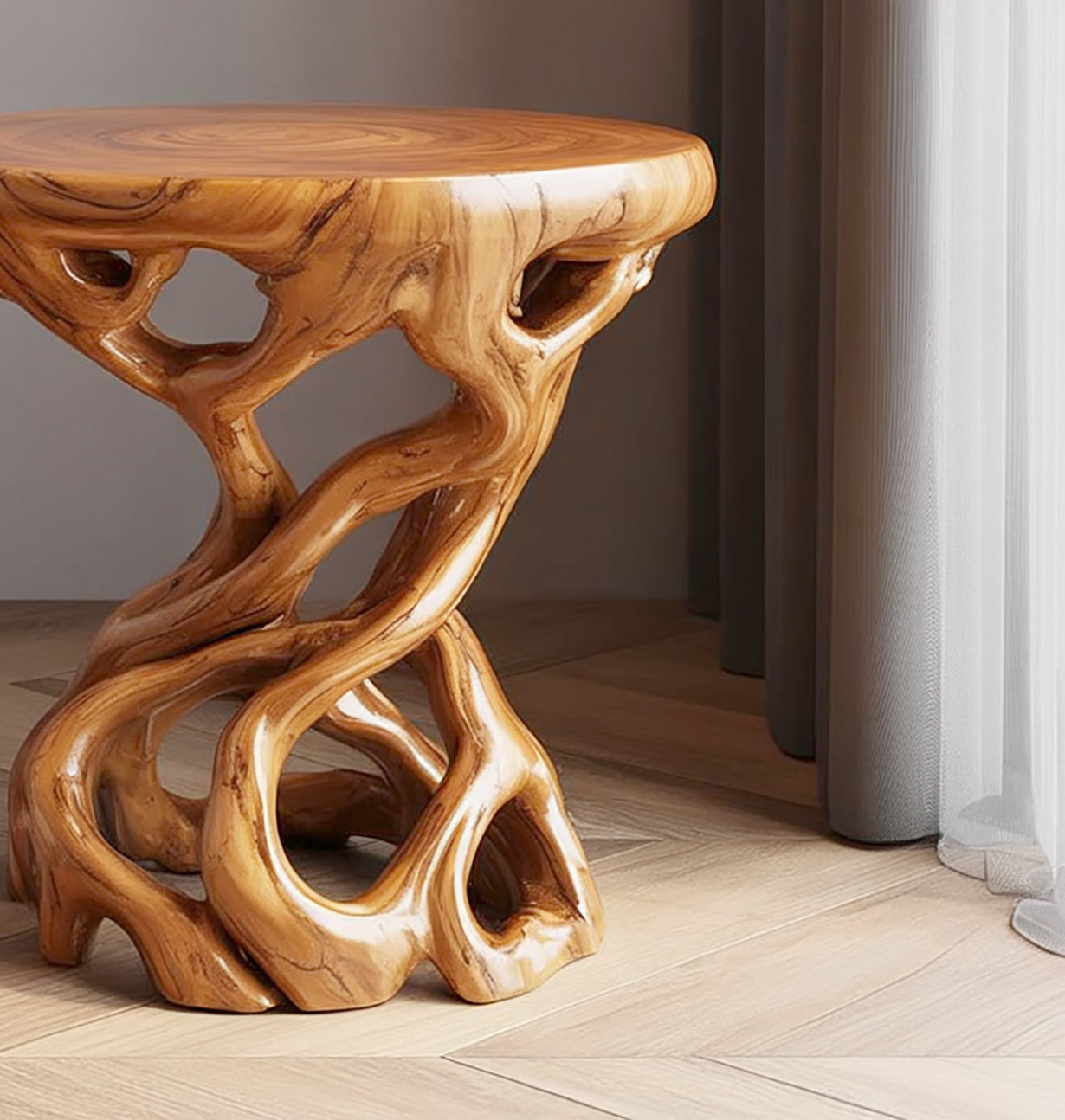 Polished natural wooden side table with intricate root-like base on light hardwood floor by sheer curtains
